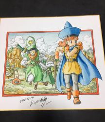 1girl 2016 2boys alena_(dq4) black_pantyhose blue_hair blue_hat blunt_bangs boots brey cape character_request cliff clift cloud dated day dragon_quest dragon_quest_iv gloves grass green_hat hat highres lee_(dragon_garou) marker_(medium) mountain multiple_boys old old_man open_mouth orange_footwear orange_gloves orange_hair outdoors outside_border pantyhose parted_bangs photo_(medium) red_hair she-slime sheath sheathed signature sky slime_(dragon_quest) smile square_enix staff sword thick_eyebrows toriyama_akira_(style) traditional_media weapon weapon_on_back white_hair 