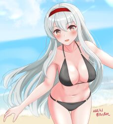  1girl :d alternate_costume ame-san bare_shoulders beach bikini black_bikini breasts brown_eyes cleavage collarbone cowboy_shot dated grey_hair hairband highres kantai_collection large_breasts long_hair looking_at_viewer navel open_mouth red_hairband shoukaku_(kancolle) smile solo swimsuit twitter_username 