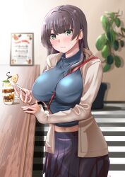  1girl agano_(kancolle) alternate_costume between_breasts black_hair black_skirt blue_eyes blue_shirt blurry blurry_background breasts brown_jacket cellphone commentary_request counter cowboy_shot drink highres indoors jacket jouzaburou_(joe3) kantai_collection long_hair menu navel phone plant pleated_skirt potted_plant shirt skirt solo strap_between_breasts 