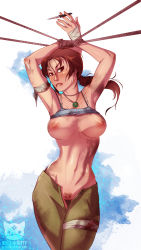  1girl bdsm bondage bound breasts brown_hair highres jewelry lara_croft large_breasts necklace ninjakitty nipples pubic_hair pussy rope tomb_raider uncensored watermark  rating:Explicit score:101 user:dutchess_duke