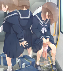 22m 3girls artist_name bag between_legs blue_footwear blue_sailor_collar blue_shirt blue_skirt blush book bow bow_panties brown_eyes brown_hair embarrassed female_focus flat_chest from_behind from_side hand_between_legs highres loli long_sleeves looking_down matching_hair/eyes multiple_girls neckerchief nose_blush open_bag open_mouth original own_hands_together panties panties_around_ankles panty_pull pee peeing peeing_self pleated_skirt puddle sailor_collar school_uniform serafuku shirt shirt_tucked_in shoes short_hair sidelocks sideways_mouth signature skirt socks steam sweat train_interior twitter_username underwear wet wet_clothes wet_panties white_neckerchief white_panties white_socks wiping rating:Questionable score:105 user:AngryZapdos