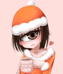  1girl alternate_costume brown_eyes brown_hair collarbone cup cyclops female_focus fur_trim hat head_tilt heart hitomebore holding holding_cup mug nanakun one-eyed open_mouth pink_background pinky_out scar short_hair simple_background solo steam upper_body usui_sachi 