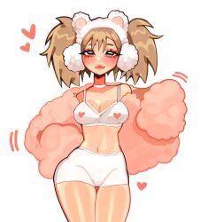  1girl animal_ear_headphones animal_ears blush bra breasts brown_eyes brown_hair choker cleavage closed_mouth commentary cowboy_shot english_commentary fake_animal_ears fizzeru fuzzy_clothes headphones heart highres jacket lips looking_at_viewer medium_breasts midriff original pink_jacket shorts solo twintails underwear upper_body white_background white_bra white_choker white_shorts 