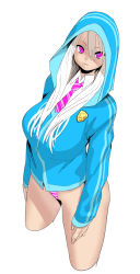 &gt;:( 1girl arms_at_sides blue_hoodie breasts bright_pupils character_request closed_mouth collared_shirt commentary_request copyright_request cowboy_shot cropped_legs emblem from_above hair_between_eyes hood hood_up hoodie large_breasts long_hair long_sleeves looking_at_viewer necktie no_pants panties pants pink_eyes pink_necktie pink_panties purple_eyes shirt sidelocks simple_background sleeves_past_wrists solo striped_clothes striped_necktie striped_neckwear striped_panties swept_bangs thighs underwear velzhe vertical_stripes white_background white_hair white_pupils white_shirt wing_collar rating:Sensitive score:108 user:danbooru