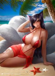 1girl ahri_(league_of_legends) animal_ears beach black_hair breasts commentary english_commentary facial_mark fox_ears fox_tail hand_on_own_head large_breasts league_of_legends long_hair looking_at_viewer multiple_tails nextoad ocean one-piece_swimsuit palm_tree patreon_username red_one-piece_swimsuit red_skirt sand sarong side-tie_skirt sitting skirt sky solo starfish swimsuit tail tree vastaya watermark whisker_markings yellow_eyes rating:Sensitive score:5 user:danbooru