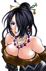  00s 1girl atomomo bare_shoulders black_hair breasts cleavage dress earrings female_focus final_fantasy final_fantasy_x hair_bun hair_ornament hair_over_one_eye jewelry large_breasts long_hair lowres lulu_(ff10) mole necklace red_eyes simple_background single_hair_bun solo square_enix white_background 
