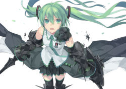  1girl 2no armor bad_id bad_pixiv_id black_thighhighs breasts detached_sleeves from_above gauntlets greaves green_eyes green_hair hatsune_miku matching_hair/eyes medal necktie ninomoto open_mouth pleated_skirt shield skirt solo sword tattoo thighhighs twintails vocaloid weapon 