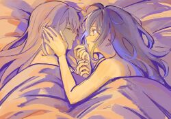  2girls ahoge blue_hair bronya_rand closed_eyes closed_mouth commentary_request elan_ouo from_above hand_on_another&#039;s_head honkai:_star_rail honkai_(series) long_hair looking_at_another multiple_girls nude on_bed parted_lips pink_hair purple_eyes seele_(honkai:_star_rail) sleeping under_covers yuri 