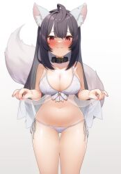 1girl absurdres ahoge animal_ears bare_shoulders bikini black_hair blush breasts cleavage collar commission fox_ears fox_tail freehoney hair_ornament highres lifting_own_clothes long_hair looking_at_viewer navel original purple_eyes simple_background smile solo swimsuit tail white_background white_bikini