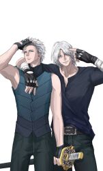  2boys bishounen black_gloves blue_eyes brothers dabaitu_qipao_go dante_(devil_may_cry) devil_may_cry_(series) devil_may_cry_5 facial_hair fingerless_gloves gloves hair_slicked_back hand_on_own_face highres holding looking_at_viewer male_focus multiple_boys shirt siblings simple_background sleeveless smile sword twins vergil_(devil_may_cry) weapon white_hair yamato_(sword) 
