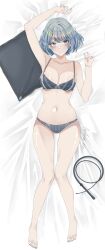  1girl absurdres ace_attorney ace_attorney_investigations apolonia_07 blue_eyes blue_hair blush breasts dakimakura_(object) franziska_von_karma highres medium_breasts non-web_source phoenix_wright:_ace_attorney_-_justice_for_all pillow solo underwear whip 