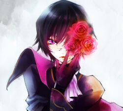  1boy ascot black_gloves black_hair black_jacket code_geass commentary_request cracked_skin flower flower_over_eye gloves jacket lelouch_vi_britannia long_sleeves looking_at_viewer lowres male_focus parted_lips pink_eyes portrait red_flower red_rose rose short_hair simple_background solo white_ascot white_background yuukichi 