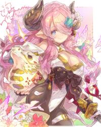  1girl black_pantyhose blue_eyes breasts bug butterfly cherry_blossoms chinese_zodiac cleavage cleavage_cutout clothing_cutout cowboy_shot detached_sleeves dragon flower glowing_butterfly granblue_fantasy hair_over_one_eye haku_(sabosoda) highres holding holding_sword holding_weapon horns insect katana large_breasts leotard narmaya_(granblue_fantasy) pantyhose pink_hair solo sparkle sword thigh_strap weapon white_leotard year_of_the_dragon 