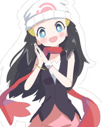  1girl :d aqua_eyes azu_(jwjp2452) beanie black_hair black_shirt bracelet bright_pupils commentary_request creatures_(company) dawn_(pokemon) game_freak hair_ornament hairclip hands_up hat highres jewelry long_hair looking_at_viewer nintendo open_mouth own_hands_together pink_skirt poke_ball_print pokemon pokemon_dppt red_scarf scarf shirt skirt sleeveless sleeveless_shirt smile solo white_background white_hat white_pupils  rating:General score:4 user:danbooru