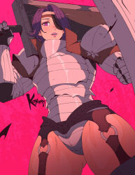  1girl amalia_(unicorn_overlord) armored_leotard artist_name dutch_angle eyepatch gauntlets gluteal_fold highres koyorin lips looking_at_viewer open_mouth over_shoulder purple_eyes purple_hair shield short_hair solo sword sword_over_shoulder unicorn_overlord weapon weapon_over_shoulder 