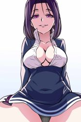 10s 1girl absurdres black_panties blue_background breasts cleavage covered_navel gradient_background grin highres kantai_collection kurihara_kenshirou large_breasts lips panties purple_eyes purple_hair short_hair simple_background smile solo tatsuta_(kancolle) underwear white_background rating:Questionable score:17 user:danbooru