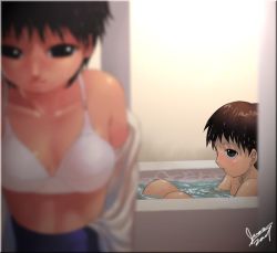 1boy 1girl bath blush bra breasts brother_and_sister cleavage gotou_kenji hetero lingerie mixed-sex_bathing older_sister original shared_bathing shota siblings signature teenage_girl_and_younger_boy underwear undressing wet white_bra rating:Questionable score:74 user:danbooru