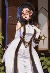  1girl absurdres artist_name black_hair blush clothing_cutout dress glasses gloves green_eyes hairstyle_request highres looking_at_viewer maewix_(artist) mole mole_under_mouth original outdoors plant red_lips shoulder_cutout solo white_dress white_gloves 
