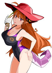  1girl :p ahoge bare_arms bare_shoulders black_one-piece_swimsuit breasts bright_pupils cleavage commentary competition_swimsuit cowboy_shot dismassd dragon_girl dragon_horns dragon_tail food hand_on_own_hip hat highleg highleg_swimsuit highres holding holding_food holding_ice_cream hololive horns ice_cream ice_cream_cone kiryu_coco large_breasts light_blush long_hair looking_at_viewer multicolored_eyes one-piece_swimsuit orange_hair pointy_ears purple_one-piece_swimsuit red_hat simple_background solo standing sun_hat swimsuit symbol-only_commentary tail tongue tongue_out two-tone_swimsuit very_long_hair virtual_youtuber white_background white_pupils  rating:Sensitive score:17 user:danbooru