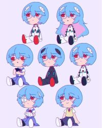  6+girls ayanami_rei bandaged_arm bandages blue_hair clone dress evangelion:_3.0+1.0_thrice_upon_a_time evangelion:_3.0_you_can_(not)_redo expressionless frown full_body hair_between_eyes hair_ornament hairclip long_hair multiple_girls neon_genesis_evangelion plugsuit rebuild_of_evangelion red_eyes school_uniform smile 