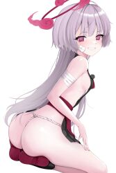  1girl absurdres ass backless_outfit bandaged_arm bandages bare_arms bare_shoulders blue_archive blush breasts commentary_request from_behind fundoshi g-string gauze_on_cheek grey_hair grin halo highres hitodama japanese_clothes long_hair looking_at_viewer obi purple_eyes sash seiza shawn358 shuro_(blue_archive) sideboob sideless_outfit simple_background sitting small_breasts smile solo thong white_background 