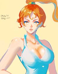  1girl ai-assisted blue_shirt breasts cleavage commentary english_commentary floating_hair hair_tie halter_shirt halterneck hand_on_own_hip heyy_vivii high_ponytail highres looking_ahead nami_(one_piece) one_piece orange_eyes orange_hair orange_lips shirt sidelighting solo twitter_username upper_body yellow_background 