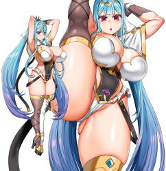  1girl :o absurdres angel armpits arms_behind_head arms_up asymmetrical_legwear black_gloves blue_hair bodysuit breasts cleavage clothing_cutout covered_navel epic_seven era_(erasion) facial_mark flexible forehead_mark full_body gloves highres leotard long_hair looking_at_viewer mismatched_legwear open_mouth ponytail red_eyes roana_(epic_seven) short_sleeves skin_tight skindentation solo split standing standing_on_one_leg standing_split thick_thighs thighs tiptoes very_long_hair white_background wings wrist_cuffs  rating:Sensitive score:89 user:danbooru