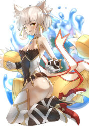 1girl animal_ears ass bare_shoulders blush boots breasts cat_ears deekei gloves grey_hair hair_ribbon high_heel_boots high_heels kneeling leotard looking_at_viewer nia_(xenoblade) open_mouth parted_lips ribbon short_hair small_breasts smile solo thigh_boots thighhighs xenoblade_chronicles_(series) xenoblade_chronicles_2 yellow_eyes