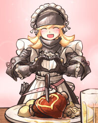  alcohol alternate_costume armor beer belt blonde_hair closed_eyes enmaided food ham heart heart_hands helmet highres ironlily knife mace maid maid_headdress moe_moe_kyun! open_mouth original perlweiss_(ironlily) plate smile weapon 