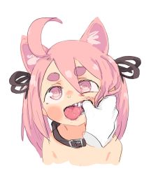 1girl ahoge animal_ears drooling eds fang finger_in_another&#039;s_mouth happy_(eds) highres loli mouth_pull original pink_eyes pink_hair portrait saliva simple_background solo_focus teeth thick_eyebrows tongue tongue_out white_background rating:Questionable score:142 user:Dweenie