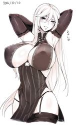 10s 1girl 2016 armpits arms_up bad_id bad_twitter_id bare_shoulders blush breasts dated detached_sleeves garter_straps granblue_fantasy hair_between_eyes heart huge_breasts kamaboko_(ossann0125) long_hair magisa_(granblue_fantasy) monochrome open_mouth signature smile solo thighhighs rating:Sensitive score:94 user:danbooru