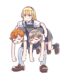 3girls :/ bad_id bad_twitter_id black_socks blonde_hair blunt_bangs brown_footwear bullfalk carrying carrying_multiple_people carrying_person closed_eyes collared_shirt commentary crying dress dress_shirt full_body grey_dress hairband heanna_sumire highres kneehighs legs_apart light_brown_hair loafers long_hair love_live! love_live!_superstar!! multiple_girls orange_hair over-kneehighs parted_bangs pinafore_dress red_hairband sanpaku school_uniform shibuya_kanon shirt shoes short_dress short_hair short_sleeves sidelocks sleeveless sleeveless_dress socks standing summer_uniform swept_bangs tang_keke thighhighs triangle_mouth u_u v-shaped_eyebrows white_background white_shirt white_thighhighs yuigaoka_school_uniform 