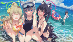  5girls animal_ears ayane_(blue_archive) ayane_(swimsuit)_(blue_archive) black_hair blue_archive blue_eyes blue_sky cat_ears crab glasses goggles grey_hair highres hoshino_(blue_archive) hoshino_(swimsuit)_(blue_archive) light_brown_hair looking_at_viewer multiple_girls nonomi_(blue_archive) nonomi_(swimsuit)_(blue_archive) ocean ogipote pink_hair red_eyes serika_(blue_archive) serika_(swimsuit)_(blue_archive) shiroko_(blue_archive) shiroko_(swimsuit)_(blue_archive) sitting sky swimsuit 