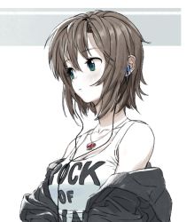  1girl bad_id bad_twitter_id breasts brown_hair clothes_writing downblouse green_eyes headphones idolmaster idolmaster_cinderella_girls jewelry looking_to_the_side monochrome_background necklace shiro_ymko simple_background solo tada_riina tank_top upper_body  rating:Sensitive score:12 user:TeeTaan