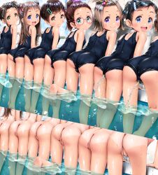  absurdres ass barefoot bent_over blue_one-piece_swimsuit blush censored cleft_of_venus dot_nose embarrassed female_focus flat_chest from_behind glasses higegepon highres huge_filesize loli looking_at_viewer looking_back multiple_girls multiple_views nude one-piece_swimsuit peeing photoshop_(medium) pool public_indecency public_nudity pussy school_swimsuit smile split_screen standing swimsuit tagme tan tanline third-party_edit wet  rating:Explicit score:278 user:zarpon