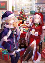  2girls artoria_pendragon_(all) artoria_pendragon_(fate) blue_gloves blue_santa_costume boots bow braid burger cape chicken_nuggets christmas christmas_tree cup disposable_cup drinking_straw fast_food fate/grand_order fate_(series) florence_nightingale_(fate) florence_nightingale_(santa)_(fate) food fou_(fate) french_fries front_slit fur-trimmed_boots fur-trimmed_cape fur-trimmed_headwear fur-trimmed_sleeves fur_boots fur_trim fuzichoco gift gloves grey_hair hair_bun hair_ribbon hat high_heels holding ketchup kitchen lettuce long_hair mcdonald&#039;s multicolored_bow multiple_girls official_art pantyhose ribbon santa_alter santa_costume santa_hat sauce sesame_seeds sidelocks sitting snowman standing stove striped_ribbon table utensil_rack white_gloves yellow_eyes  rating:General score:11 user:danbooru