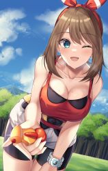 1girl ;d alternate_breast_size amagi_korona bike_shorts bike_shorts_under_shorts blue_eyes blue_sky blush bow breasts brown_hair cleavage cloud collarbone creatures_(company) day forest game_freak grass hair_bow highres holding large_breasts leaning_forward looking_at_viewer may_(pokemon) medium_hair nature nintendo one_eye_closed open_mouth outdoors pokemon pokemon_oras potion_(pokemon) red_bow red_tank_top short_shorts shorts sky smile solo sweat tank_top tree white_shorts wristband rating:Sensitive score:73 user:danbooru