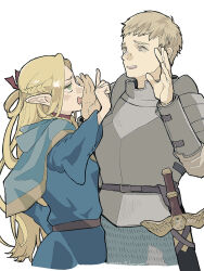  1boy 1girl absurdres armor axi blonde_hair blue_capelet blue_robe braid breastplate brown_eyes brown_hair capelet cowboy_shot dungeon_meshi green_eyes hands_up highres laios_thorden long_hair looking_at_another marcille_donato pauldrons plate_armor robe short_hair shoulder_armor sword weapon white_background 