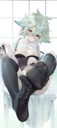 1girl absurdres ahoge black_bra black_thighhighs blue_hair bra braid breasts breasts_out clothes_lift commentary dildo_reveal feet female_masturbation flower foot_focus foreshortening genshin_impact glasses green_hair hair_flower hair_ornament haku89 highres lifting_own_clothes looking_at_viewer masturbation nipples no_shoes orange_eyes pussy_juice sitting skirt skirt_lift soles solo stool sucrose_(genshin_impact) thighhighs toes towel underwear  rating:Explicit score:346 user:danbooru