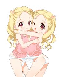  2girls :d arched_back ass bare_arms bare_shoulders blonde_hair bulge erection erection_under_clothes flat_chest functionally_nude futanari hair_bobbles hair_ornament hug loli long_hair multiple_girls newhalf one_eye_closed open_mouth original panties penis pink_shirt pon_(p) shirt siblings simple_background sisters sleeveless sleeveless_shirt smile standing testicles twins uncensored underwear white_background white_panties 