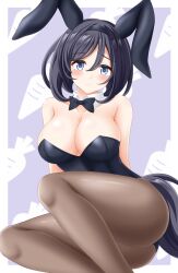  1girl animal_ears bare_shoulders black_bow black_bowtie black_hair black_leotard black_pantyhose blue_eyes bob_cut border bow bowtie breasts carrot_print choker cleavage commentary_request cowboy_shot detached_collar ear_covers ear_scrunchie eishin_flash_(umamusume) finger_to_mouth food_print grey_background gurukorian hair_between_eyes highres horse_ears horse_girl horse_tail large_breasts leaning_forward leotard looking_at_viewer nontraditional_playboy_bunny pantyhose playboy_bunny red_choker scrunchie short_hair simple_background solo strapless strapless_leotard swept_bangs tail thighband_pantyhose umamusume white_border white_scrunchie wrist_cuffs 