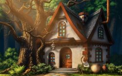 arched_window bare_tree brick bush chimney door foreshortening forest_of_magic game_cg house justinas_vitkus landscape lantern lead_pipe leaf mailbox_(incoming_mail) no_humans official_art outdoors path plant road stairs sunlight touhou touhou_cannonball tree window