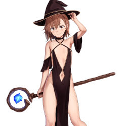  1girl absurdres adjusting_clothes adjusting_headwear arm_up black_dress black_hat breasts brown_eyes brown_hair closed_mouth clothing_cutout collarbone commentary_request commission cowboy_shot detached_sleeves dress hat highres holding holding_staff looking_at_viewer medium_hair misaka_mikoto navel navel_cutout orochi_itto simple_background skeb_commission small_breasts smile solo staff standing toaru_kagaku_no_railgun toaru_majutsu_no_index white_background witch_hat  rating:Questionable score:56 user:danbooru