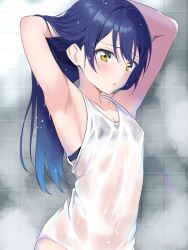 1girl armpits arms_up bikini bikini_under_clothes blue_hair blush borgbutler bra_visible_through_clothes breasts covered_navel highres indoors long_hair looking_down love_live! love_live!_school_idol_project medium_breasts no_panties open_mouth see-through shirt sleeveless sleeveless_shirt solo sonoda_umi swimsuit wet wet_clothes wet_shirt yellow_eyes rating:Sensitive score:65 user:danbooru
