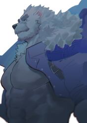  1boy abs animal_ears another_eidos-r bara bare_pectorals bear_boy bear_ears chest_tuft facial_hair furry furry_male highres huge_eyebrows jacket jacket_on_shoulders large_pectorals male_focus mature_male muscular muscular_male mustache neumo no_nipples pectorals profile short_hair sigvaldi_(another_eidos) smile solo standing thick_mustache tsurime upper_body white_fur 