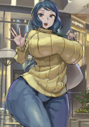 1girl blue_eyes blue_hair breasts curvy denim female_focus gundam gundam_build_fighters huge_breasts iori_rinko jeans kazo_(kazozakazo) large_breasts long_hair mature_female pants smile sweater thick_thighs thighs tight_clothes wide_hips rating:Questionable score:55 user:UserBox