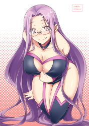  1girl breasts cleavage cleavage_cutout clothing_cutout collar collarbone dress fate/grand_order fate/stay_night fate_(series) female_focus glasses kneeling large_breasts legs long_hair medusa_(fate) medusa_(rider)_(fate) medusa_(rider)_(third_ascension)_(fate) purple_eyes purple_hair smile solo square_pupils thigh_gap thighhighs thighs very_long_hair zanku 
