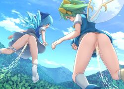  2girls anus arisu_kazumi ass blue_bow blue_dress blue_hair blue_sky blush bow cirno cleft_of_venus daiyousei dress fairy fairy_wings flying forest hair_bow ice ice_wings loli midair multiple_girls nature no_shoes outdoors panties panties_around_leg peeing peeing_together pussy shoes sky socks touhou uncensored underwear white_panties white_socks wings  rating:Explicit score:117 user:danbooru