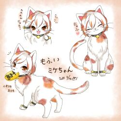  1226_waka animal_focus animalization bell blush calico cat coin commentary_request dated full_body gold goutokuji_mike goutokuji_mike_(cat) highres jingle_bell koban_(gold) looking_at_viewer multiple_views no_humans orange_eyes touhou translation_request whiskers 