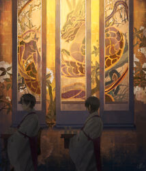  2boys black_hair bottle chinese_zodiac geki hanging_scroll highres hise indoors multiple_boys oni original sake_bottle scroll shinto signature standing tapestry wide_sleeves year_of_the_dragon 
